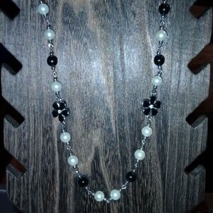 Black Flowers & Pearl Necklace
